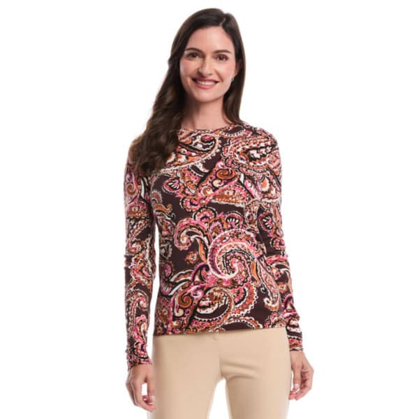Womens Rafaella(R) Crew Neck Long Sleeve Paisley Blouse - image 