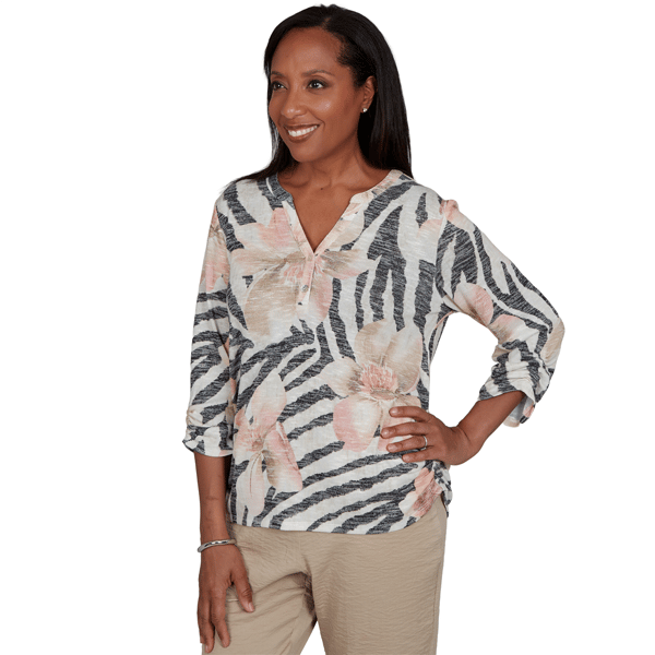 Womens Alfred Dunner Travel Advisory Zebra Floral Henley Blouse