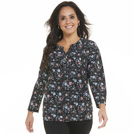 Plus Size Napa Valley 3/4 Sleeve Floral Pleat Henley - Blue/Pink