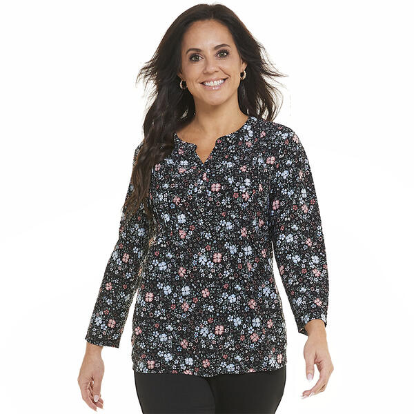 Petite Napa Valley 3/4 Sleeve Paisley Pleat Knit Henley-Blue/Pink - image 