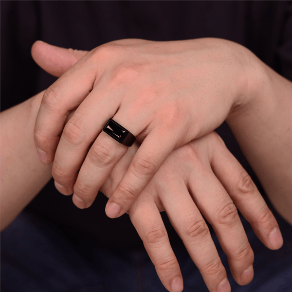 Mens Lynx Black Ion Plated Stainless Steel Ring with Black Agate