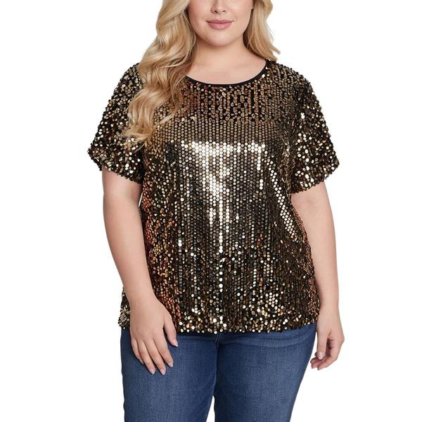 Plus Size NY Collection Short Sleeve All Over Sequin Blouse