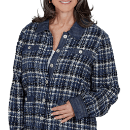 Womens Alfred Dunner Tuscany Denim Trim Plaid Eyelash Jacket