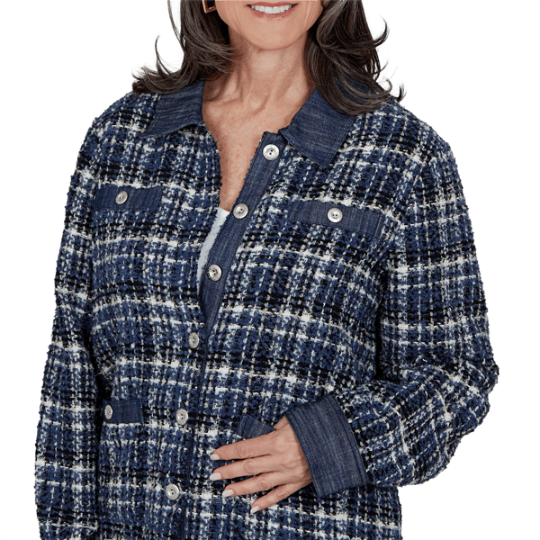 Womens Alfred Dunner Tuscany Denim Trim Plaid Eyelash Jacket