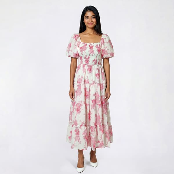 Juniors Crystal Doll Puff Sleeve Smocked Bodice Midi Dress - image 