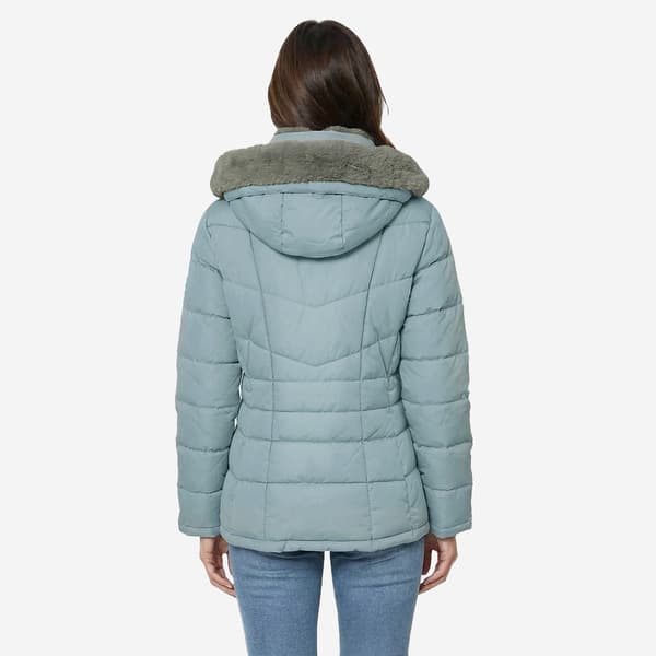 Womens Calvin Klein Short Puffer Jacket With Faux Fur Lined Hood