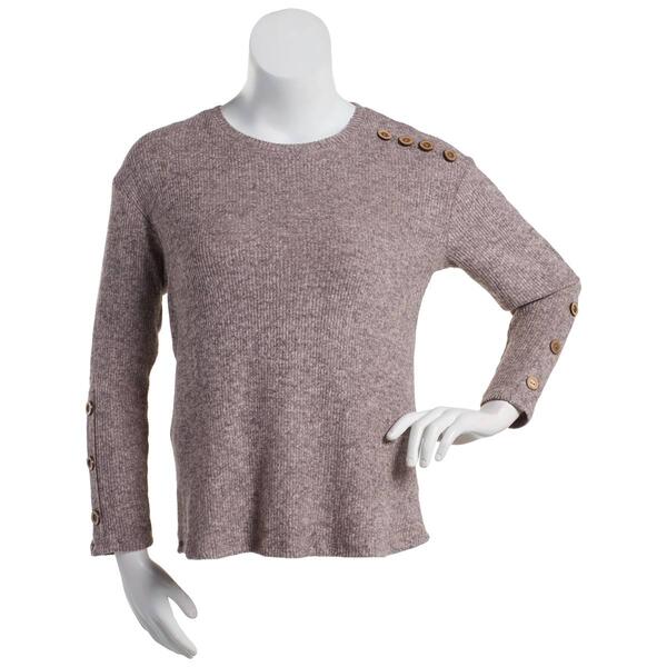 Womens Tru Self Long Sleeve Solid Brushed Rib Button Hacci Top - image 