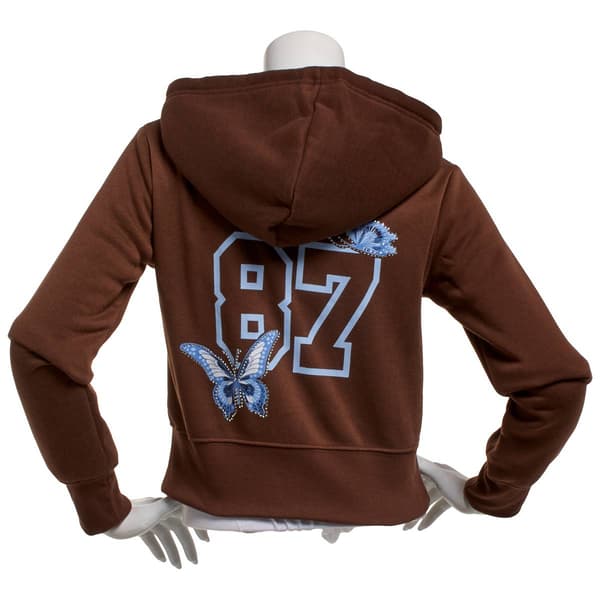 Juniors No Comment Front & Back Foil Screen Zip Up Hoodie-Chestnt