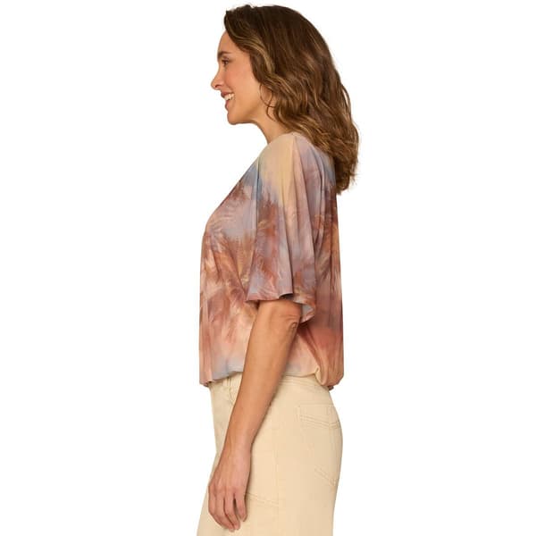 Womens Democracy Short Sleeve Bubble Hem Tropical Blouse