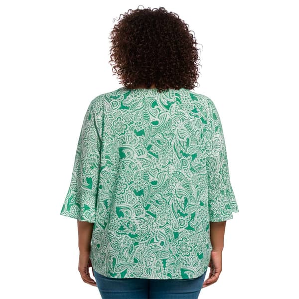 Plus Size Notations 3/4 Ruffle Sleeve Keyhole Neck Paisley Blouse