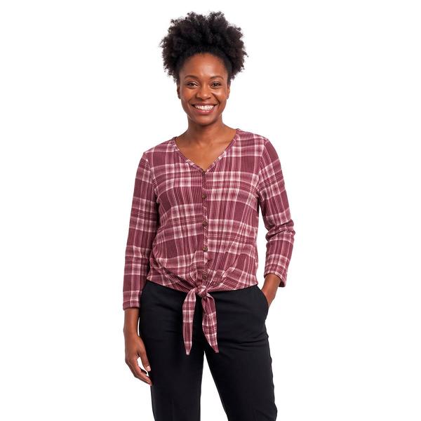 Womens C''est La Vie 3/4 Sleeve Plaid Ribbed Tie Hem Blouse