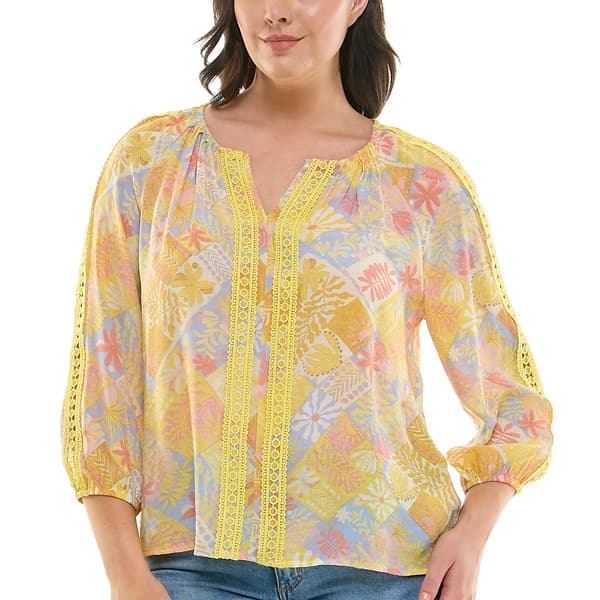 Womens Zac & Rachel 3/4 Sleeve Patchwork Floral Eyelet Blouse