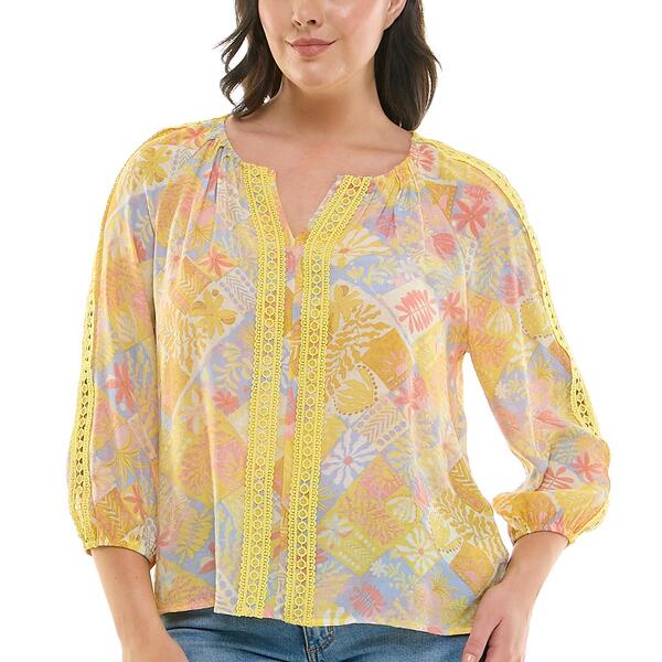 Womens Zac & Rachel 3/4 Sleeve Patchwork Floral Eyelet Blouse - image 