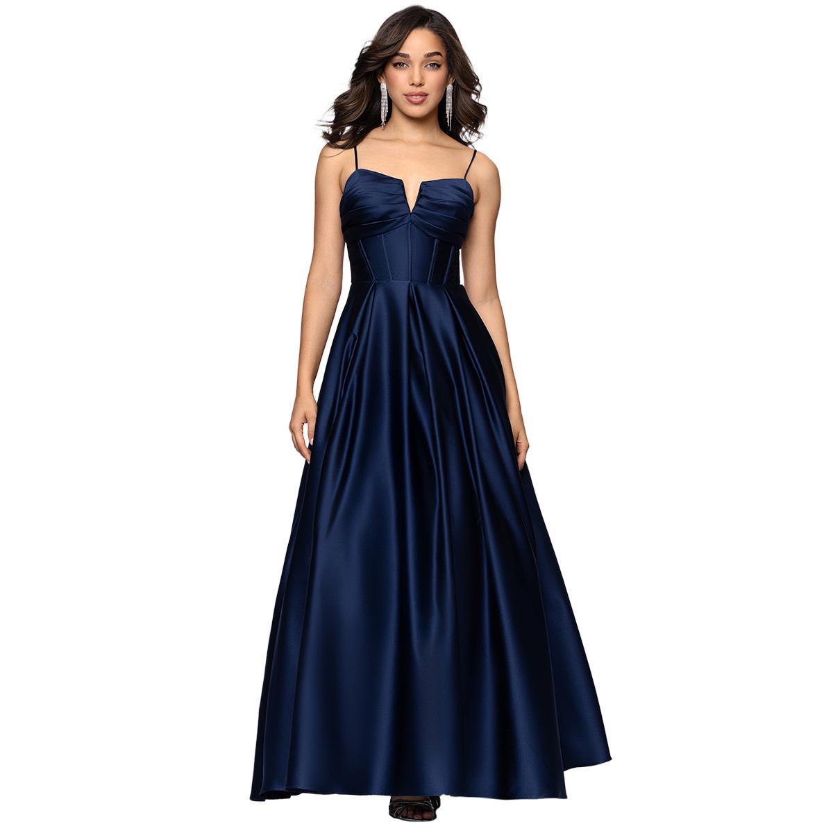 Open Video Modal for Juniors Blondie Nites Satin Notch Neck Lace Up Back A-Line Dress