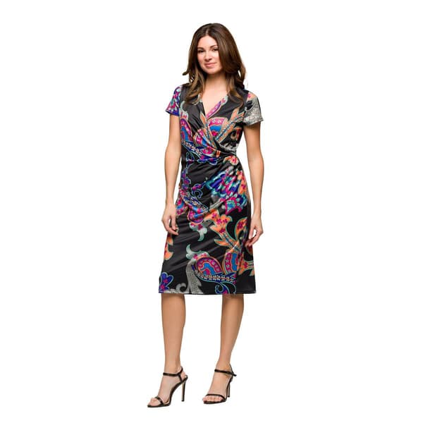 Womens 24/7Comfort Apparel Black Paisley Faux Wrap Dress