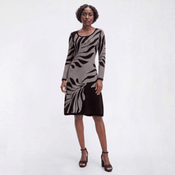 Womens Nina Leonard Long Sleeve Scoop Neck Leaf Sweater Dress