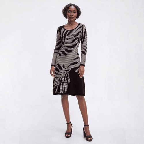 Womens Nina Leonard Long Sleeve Scoop Neck Leaf Sweater Dress