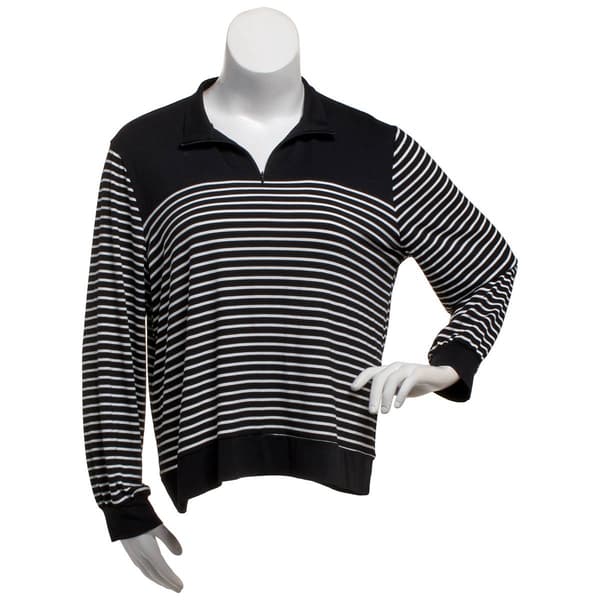 Plus Size NY Collection Long Sleeve Stripe Zip Neck Blouse