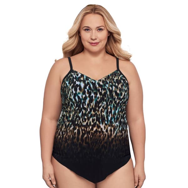 Plus Size TrimShaper Leopard Mist Hank Tankini Swim Top - image 