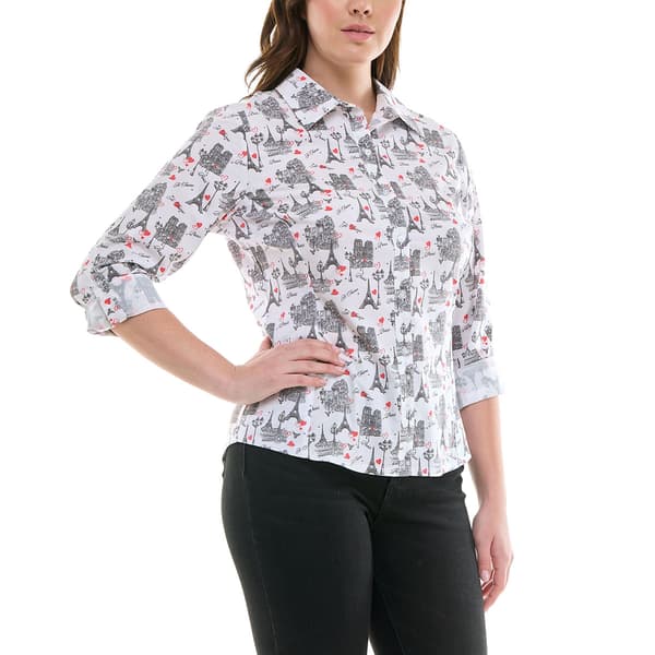 Womens Zac & Rachel 3/4 Sleeve Eiffel Tower Casual Button Down