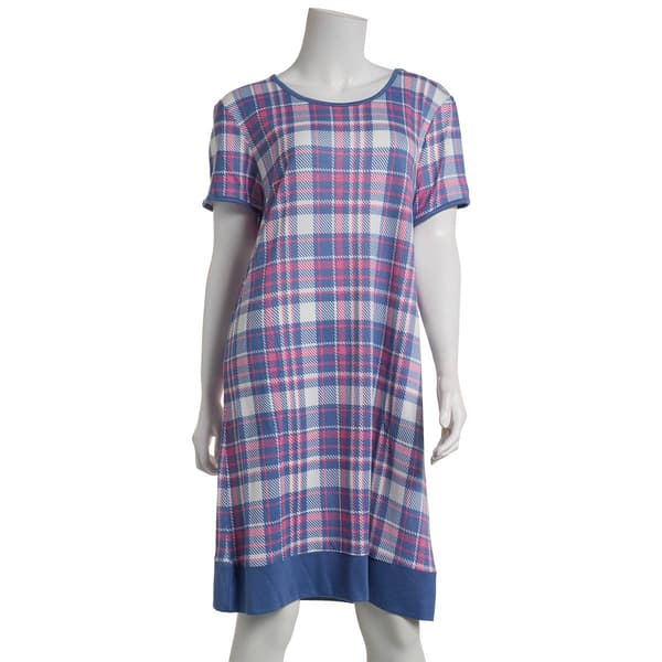 Womens White Orchid Short Sleeve Butter Knit Plaid Nightshirt