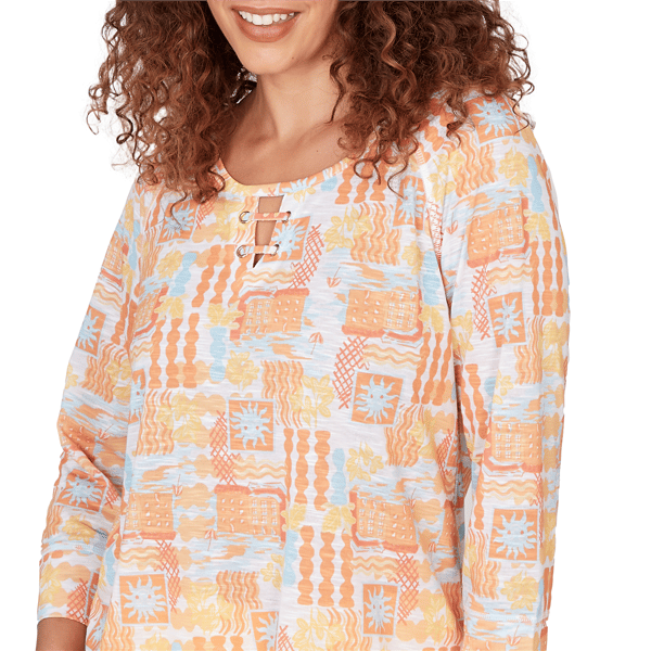 Womens Hearts of Palm Fun in the Sun 3/4 Sleeve Tie Hem Blouse