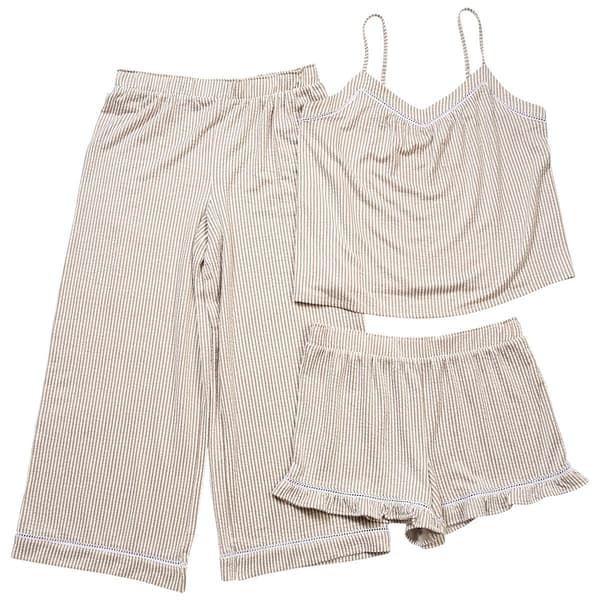 Womens Jaclyn Seersucker Stripe 3pc. Cami/Shorts/Pants Pajama Set