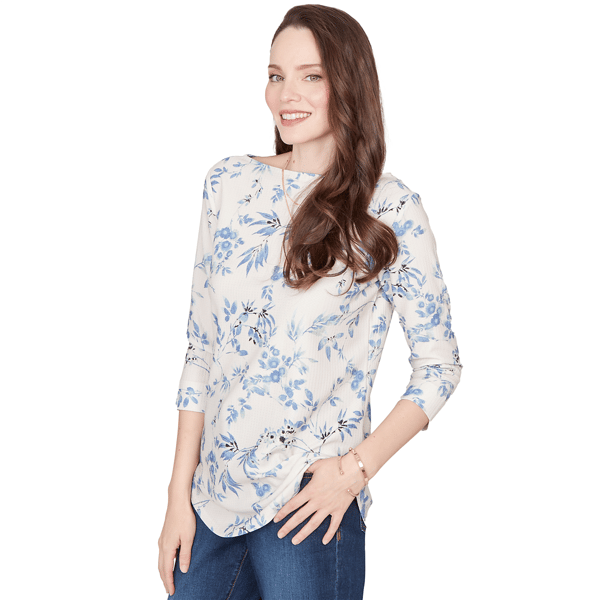 Womens Emaline Key Items 3/4 Sleeve Pebble Knit Floral Tee