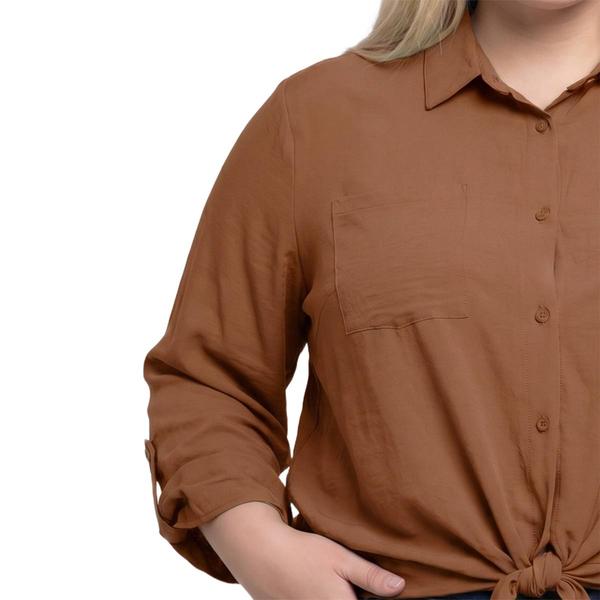Plus Size NY Collection Roll Tab Sleeve Solid Tie Front Blouse