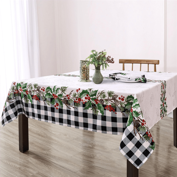 Threadmade Holly Farmhouse Charm Holiday Fabric Tablecloth