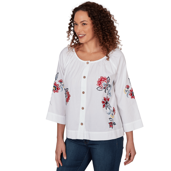 Womens Ruby Rd. French Riviera Floral Button Front Poplin Blouse