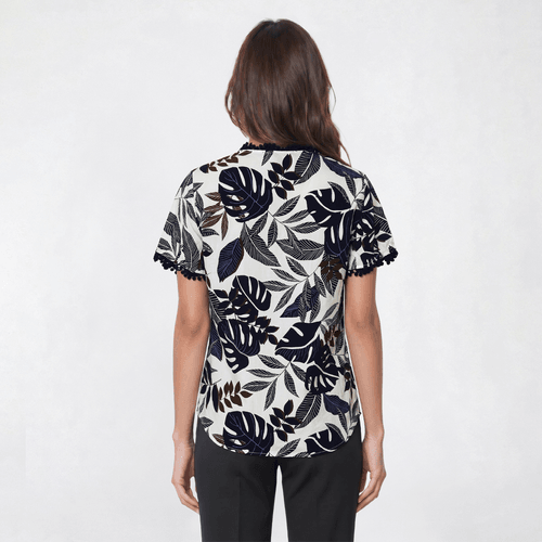 Womens Como Black Short Sleeve Tie Neck Tropical Leaf Blouse