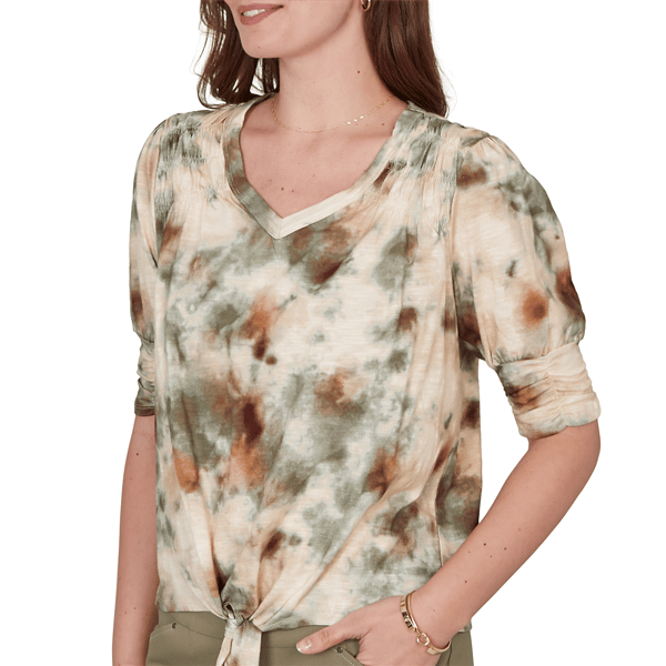Womens Skye’s the Limit Key Items Elbow Sleeve Tie Dye Blouse