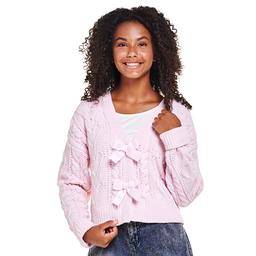 Juniors Madden Girl Matte Chennile Heart Cable Bow Cardigan