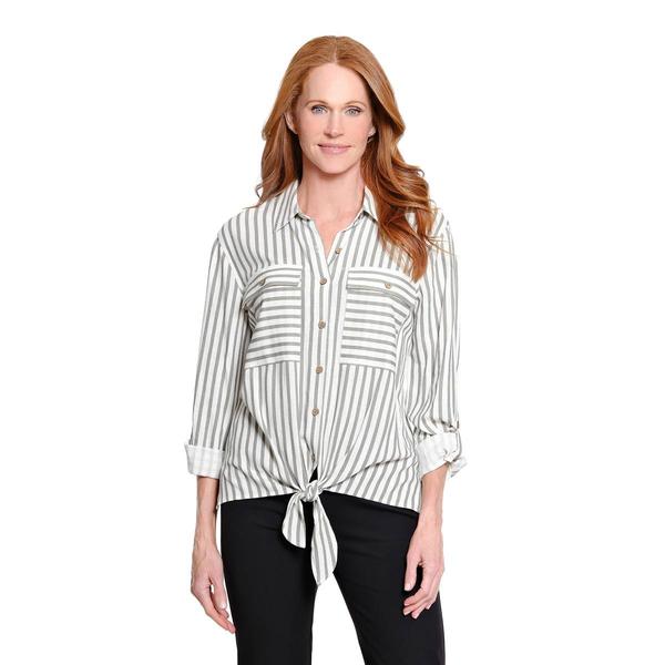 Womens Multiples Roll Tab Sleeve 2 Pocket Tie Waist Stripe Button - image 
