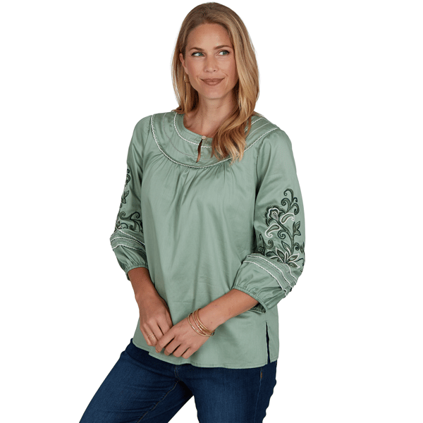 Womens Ruby Rd. Game of Luxe Embroidered Sleeve Voile Blouse