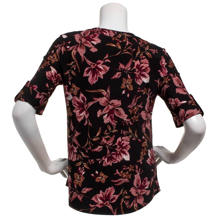 Womens AK Anne Klein Elbow Sleeve Button Front Floral Blouse