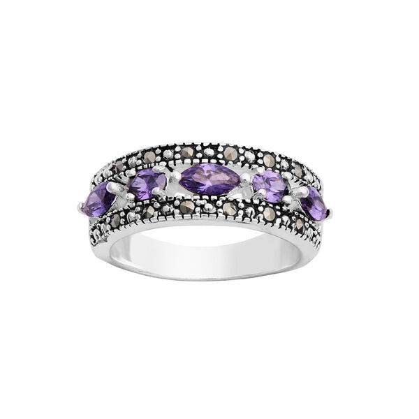 Marsala Silver Plated Marcasite Amethyst Cubic Zirconia Band Ring - image 