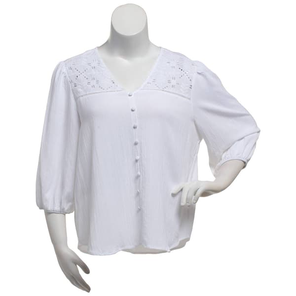 Plus Size Zac & Rachel 3/4 Sleeve Embroidered Gauze V-Neck Blouse - image 