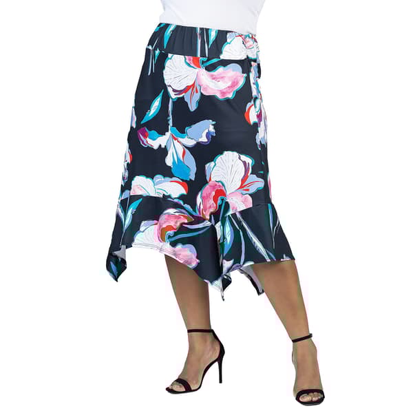 Plus Size 24/7 Comfort Apparel Floral Handkerchief Hemline Skirt