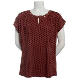 Petite Notations Short Sleeve Diamond Grommet Neck Blouse