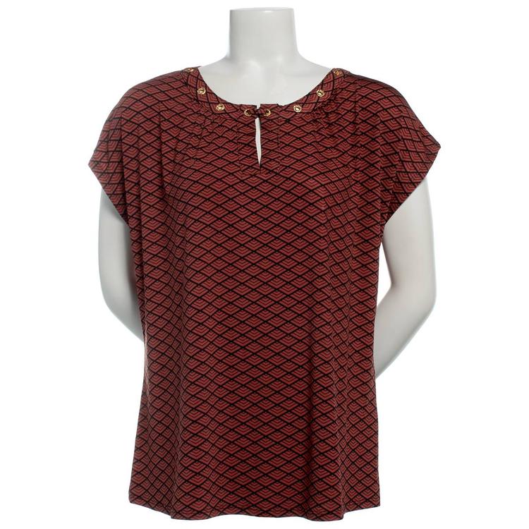 Petite Notations Short Sleeve Diamond Grommet Neck Blouse