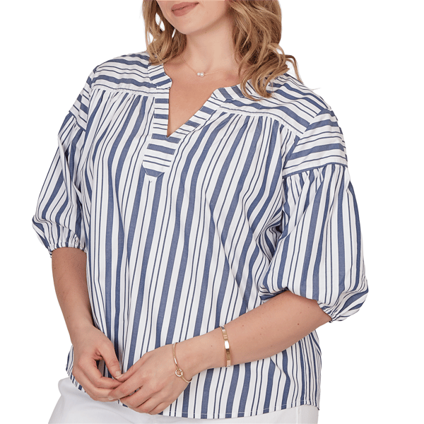 Plus Size Ruby Rd. French Riviera Elbow Puff Sleeve Stripe Blouse