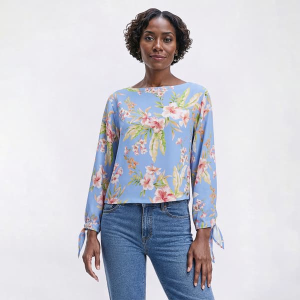 Womens Halston Long Tie Sleeve Boat Neck Floral Blouse - image 