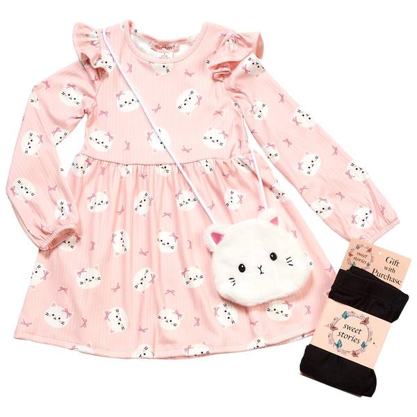 Girls (4-6x) Sweet Stories Cat Dress w/ Leggings & Purse - image 