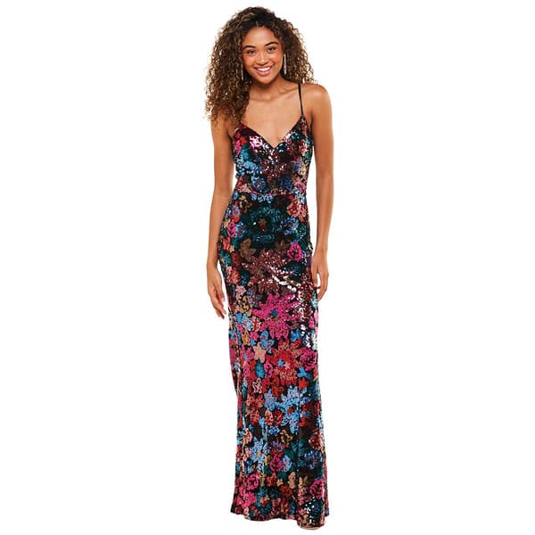 Juniors Crystal Doll Flower Pattern Sequin Slim Dress - image 