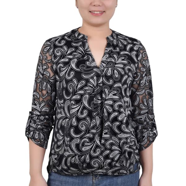 Womens NY Collection 3/4 Roll Sleeve Burnout Knit Top - image 