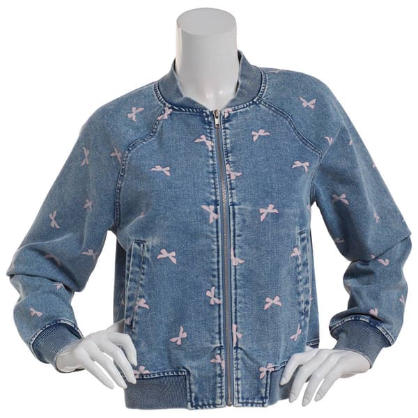 Juniors No Comment Denim Bomber Jacket with Bows