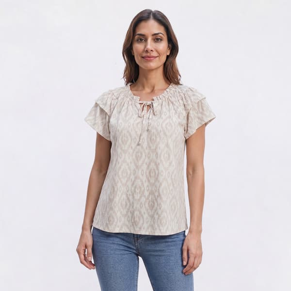 Womens Absolutely Famous Short Sleeve Ruffle Neck Ikat Blouse