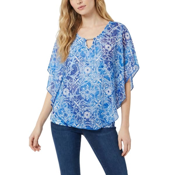 Womens NY Collection Abstract Floral Chiffon Poncho Blouse